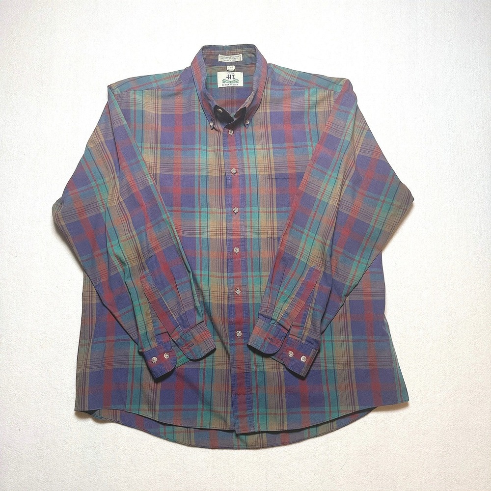 Vintage 417 Van Heusen Plaid Button Down Shirt Mens XL Long Sleeve Purple Green